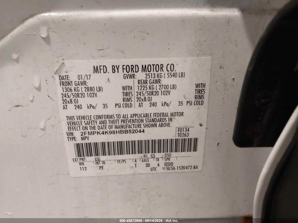 2FMPK4K98HBB52044 2017 FORD EDGE photo no. 9