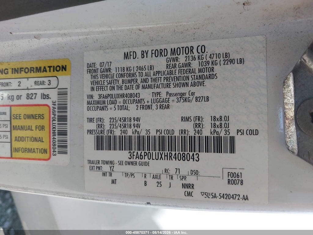 3FA6P0LUXHR408043 2017 FORD FUSION HYBRID photo no. 9