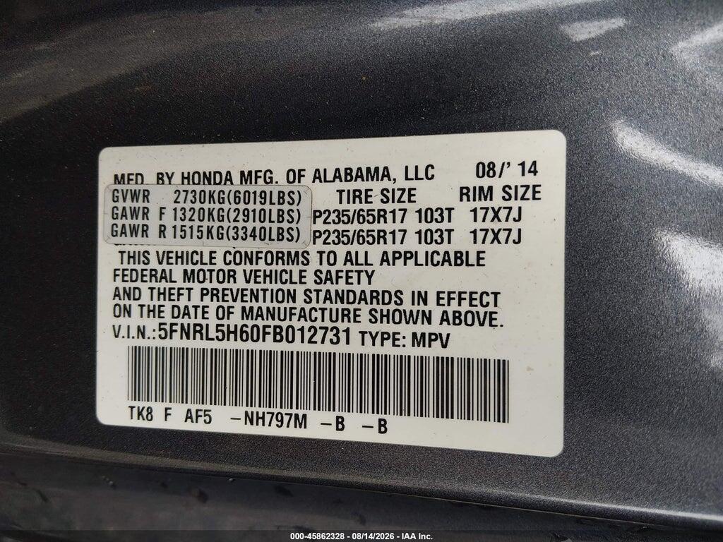 5FNRL5H60FB012731 2015 HONDA ODYSSEY photo no. 9