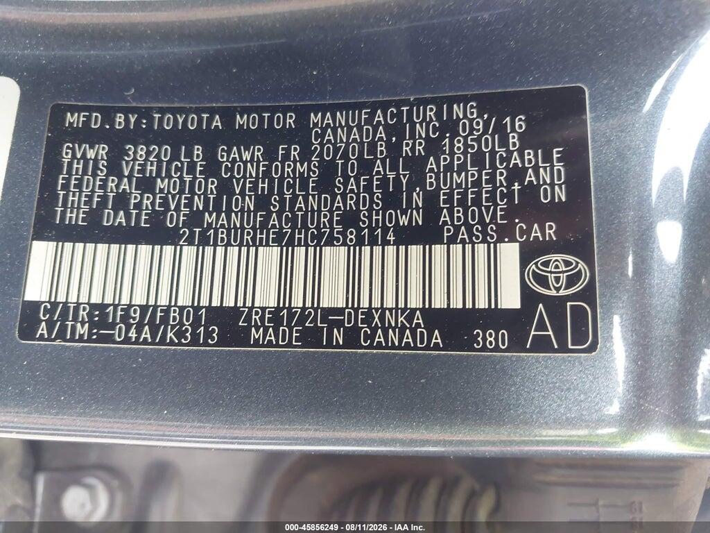 2T1BURHE7HC758114 2017 TOYOTA COROLLA photo no. 9