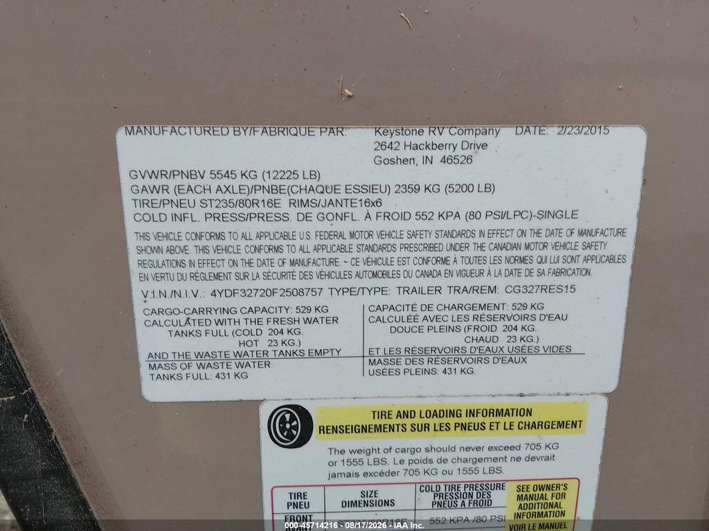 4YDF32720F2508757 2015 KEYSTONE COUGAR XLI photo no. 9
