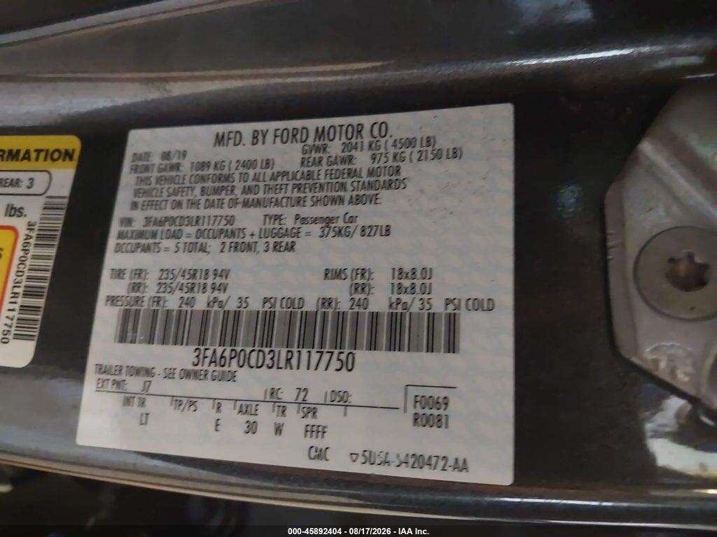 3FA6P0CD3LR117750 2020 FORD FUSION photo no. 9