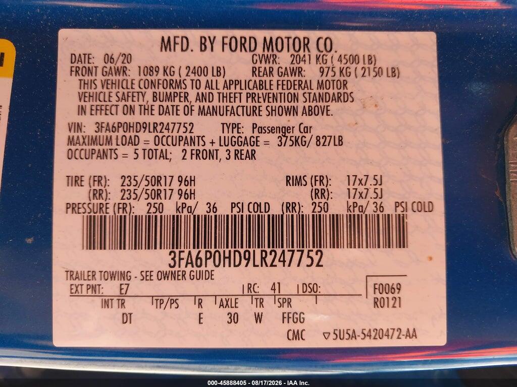 3FA6P0HD9LR247752 2020 FORD FUSION photo no. 9