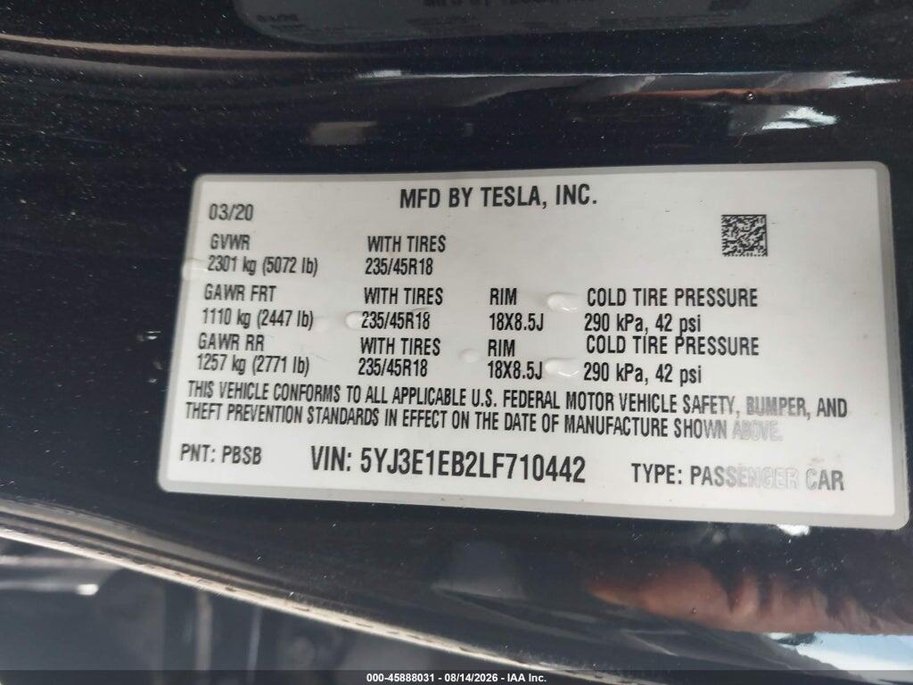 5YJ3E1EB2LF710442 2020 TESLA MODEL 3 photo no. 9