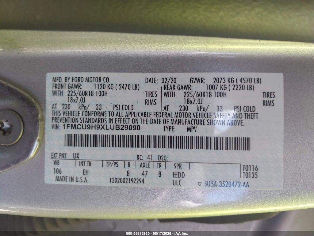 1FMCU9H9XLUB29090 2020 FORD ESCAPE photo no. 9