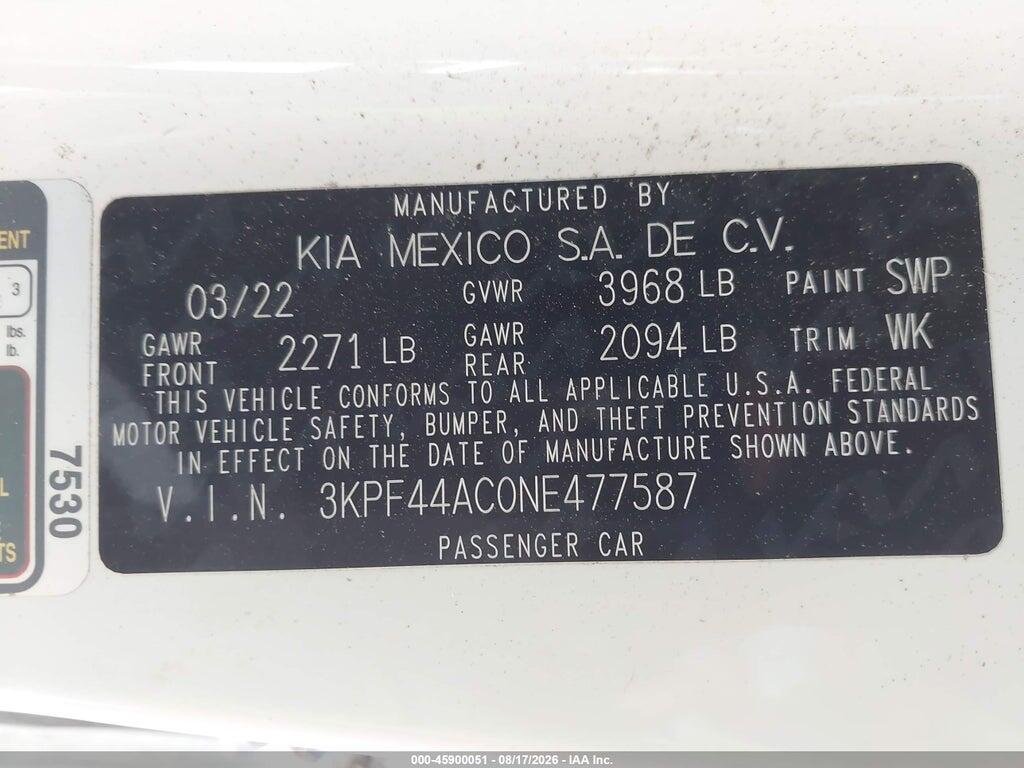 3KPF44AC0NE477587 2022 KIA FORTE photo no. 9