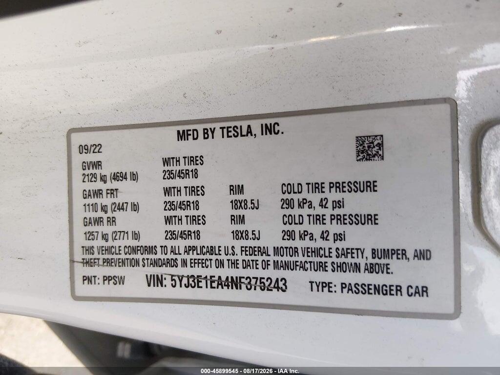 5YJ3E1EA4NF375243 2022 TESLA MODEL 3 photo no. 9