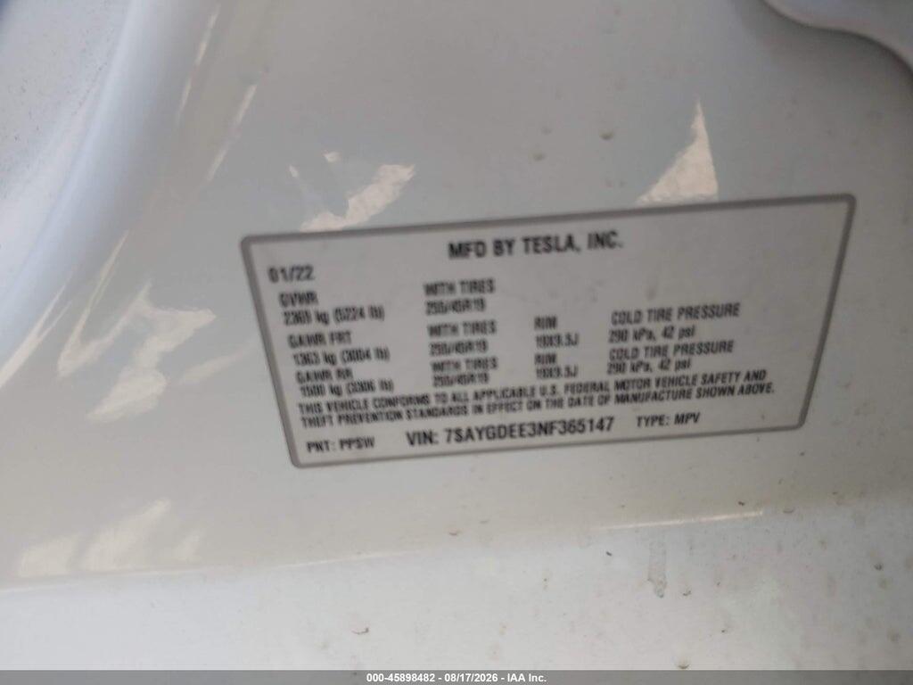 7SAYGDEE3NF365147 2022 TESLA MODEL Y photo no. 9