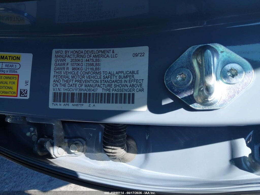 1HGCV1F39NA080407 2022 HONDA ACCORD photo no. 9