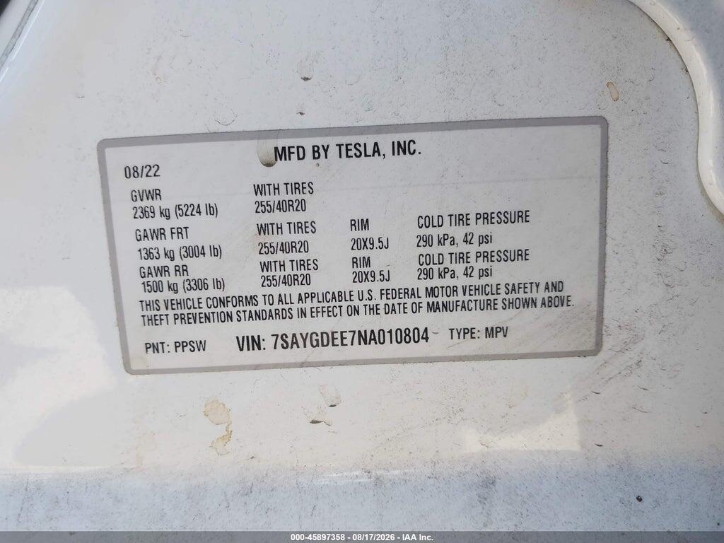 7SAYGDEE7NA010804 2022 TESLA MODEL Y photo no. 9