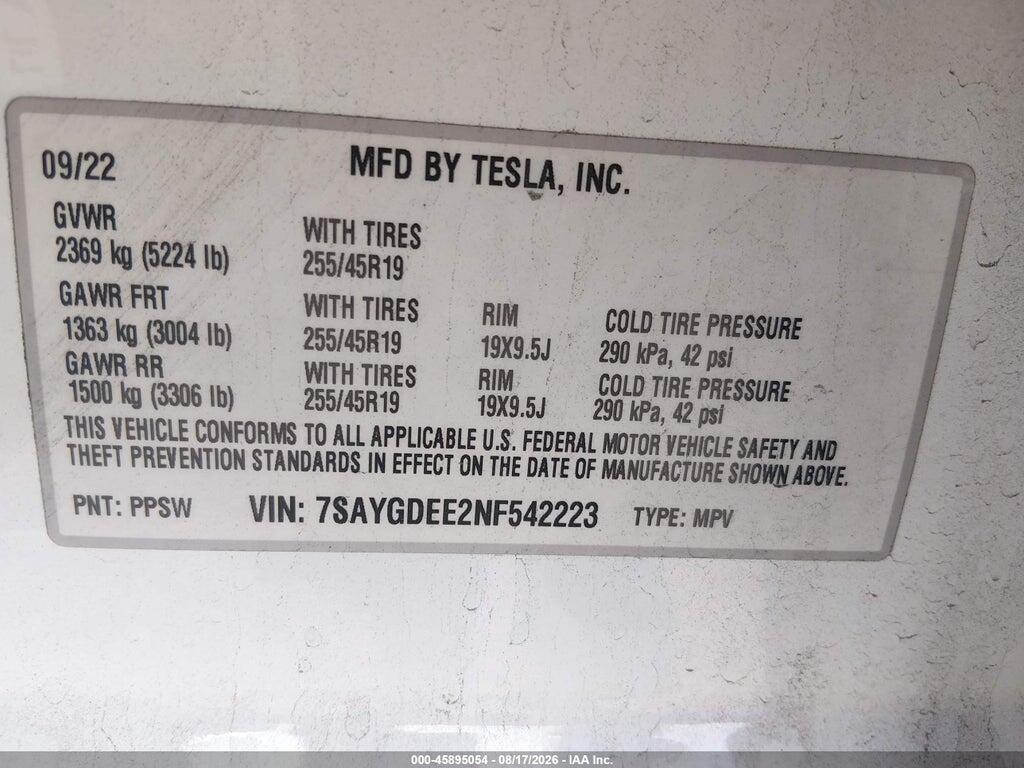 7SAYGDEE2NF542223 2022 TESLA MODEL Y photo no. 9