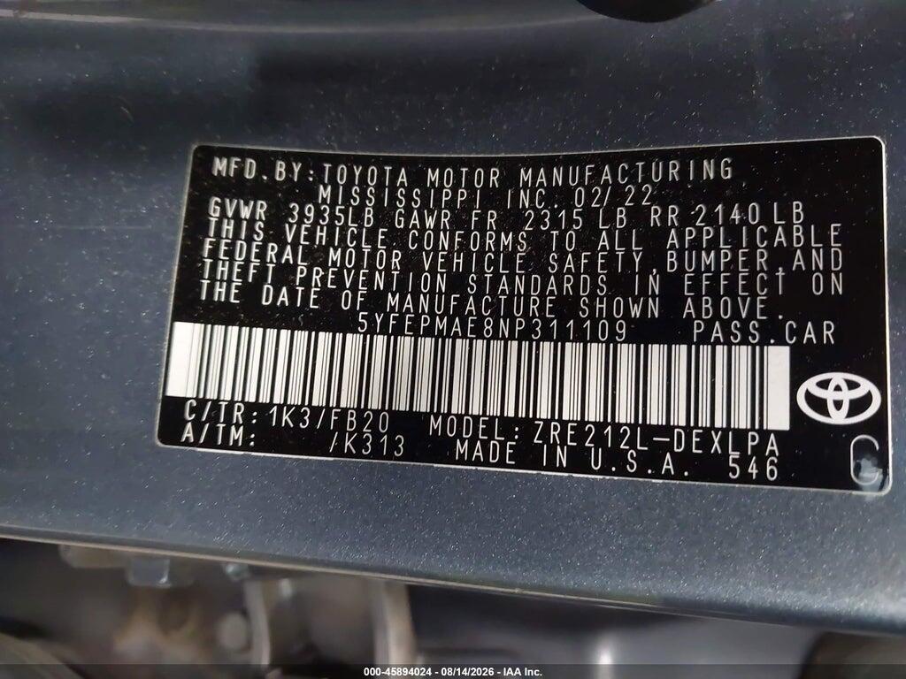 5YFEPMAE8NP311109 2022 TOYOTA COROLLA photo no. 9