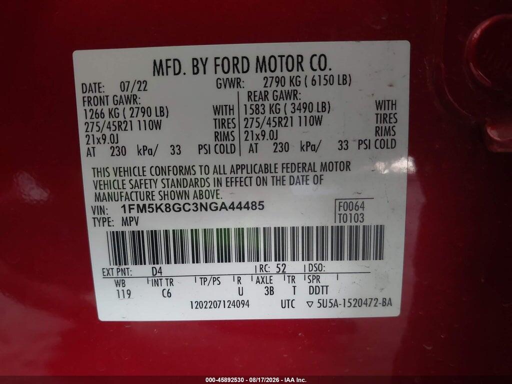 1FM5K8GC3NGA44485 2022 FORD EXPLORER photo no. 9