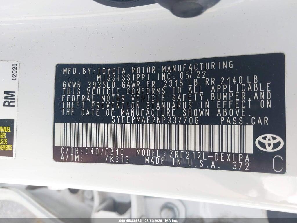 5YFEPMAE2NP337706 2022 TOYOTA COROLLA photo no. 9