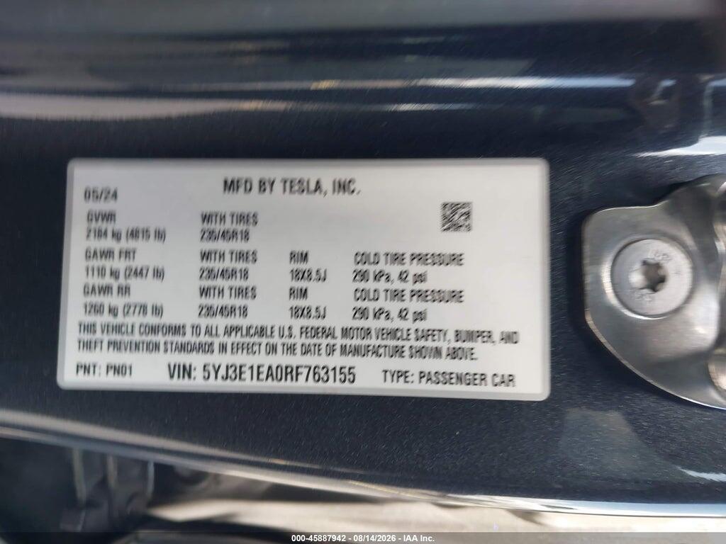 5YJ3E1EA0RF763155 2024 TESLA MODEL 3 photo no. 9