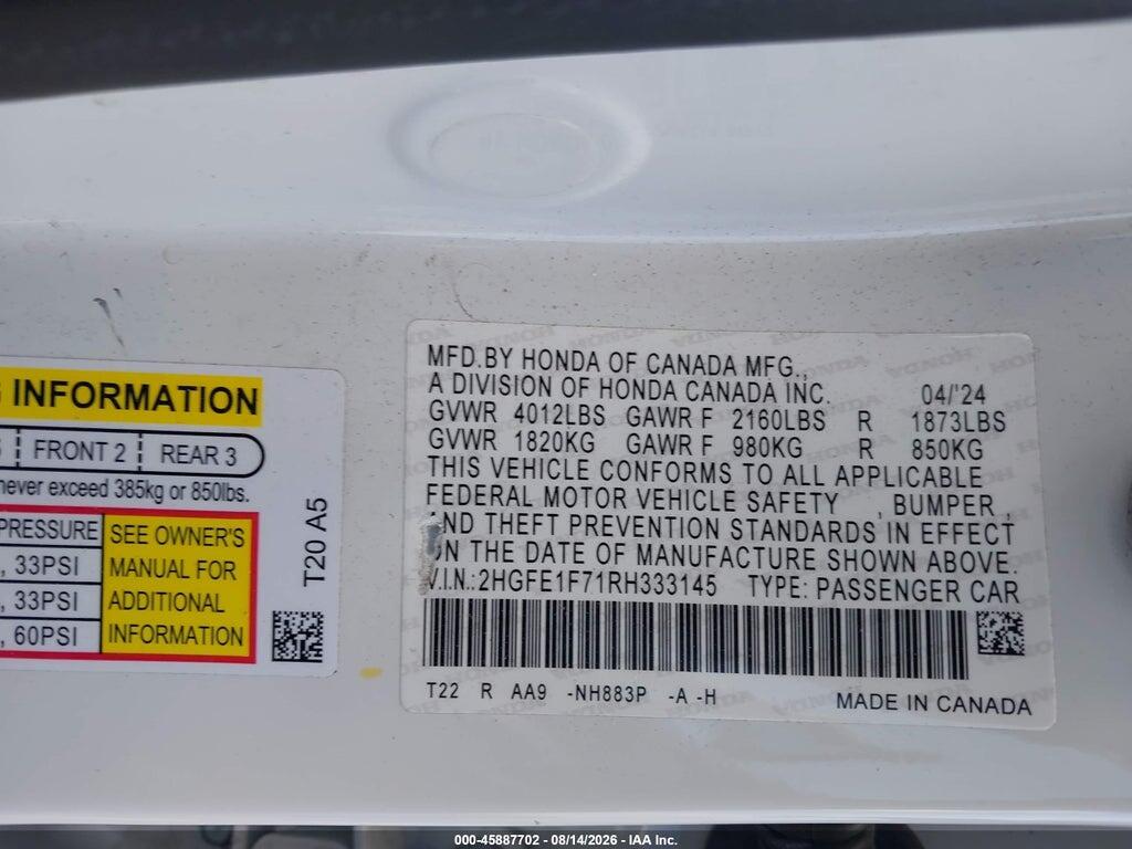 2HGFE1F71RH333145 2024 HONDA CIVIC photo no. 9