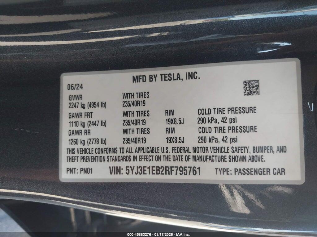 5YJ3E1EB2RF795761 2024 TESLA MODEL 3 photo no. 9