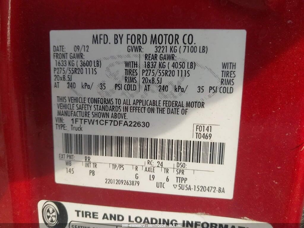 1FTFW1CF7DFA22630 2013 FORD F-150 photo no. 9