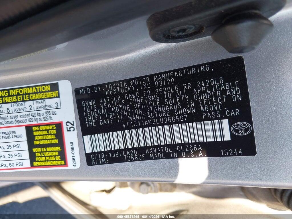 4T1G11AK2LU366567 2020 TOYOTA CAMRY photo no. 9
