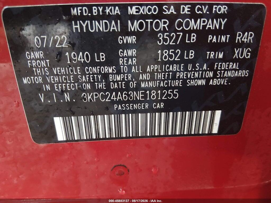 3KPC24A63NE181255 2022 HYUNDAI ACCENT photo no. 9