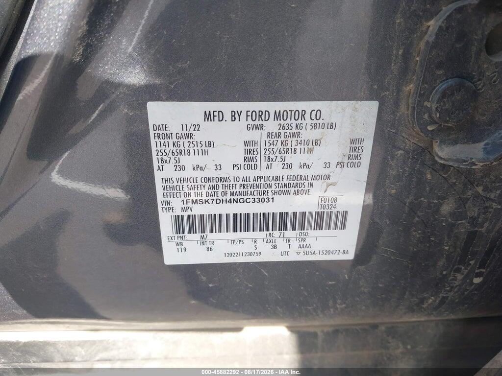1FMSK7DH4NGC33031 2022 FORD EXPLORER photo no. 9