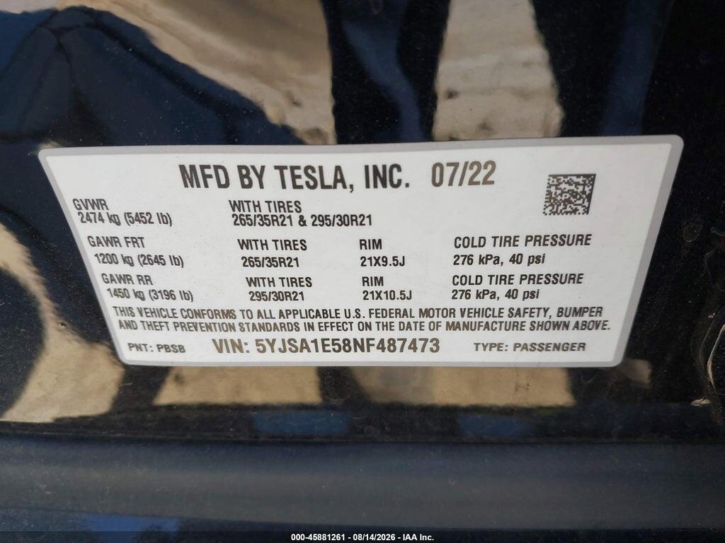 5YJSA1E58NF487473 2022 TESLA MODEL S photo no. 9