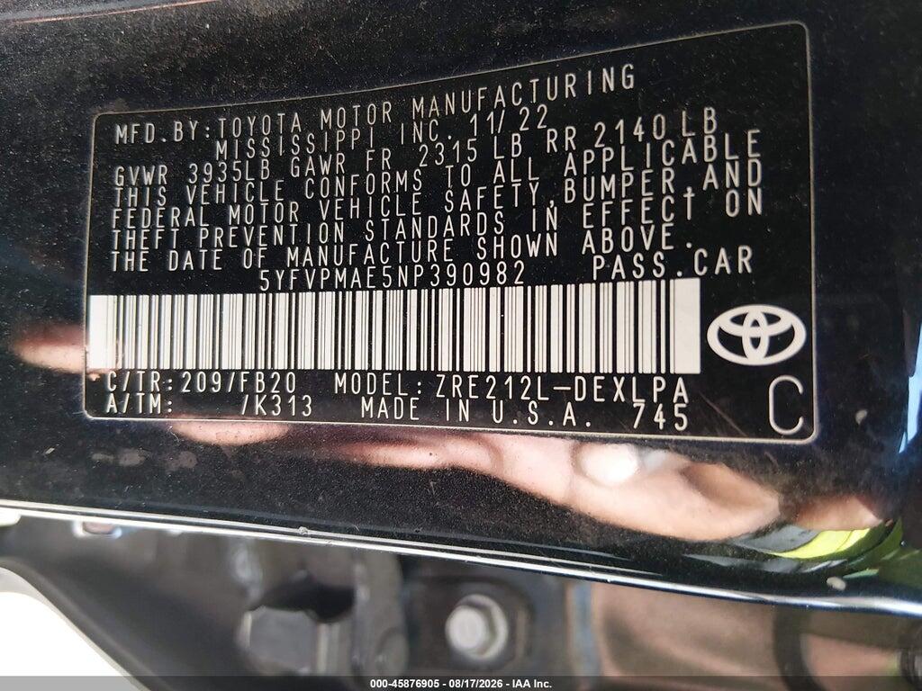 5YFVPMAE5NP390982 2022 TOYOTA COROLLA photo no. 9