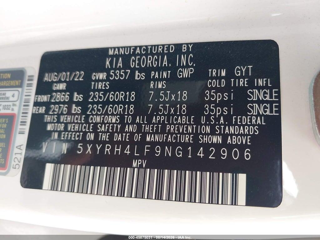 5XYRH4LF9NG142906 2022 KIA SORENTO photo no. 9