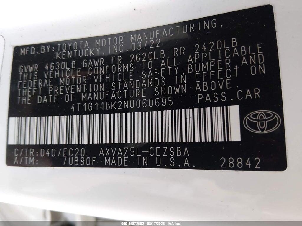 4T1G11BK2NU060695 2022 TOYOTA CAMRY photo no. 9