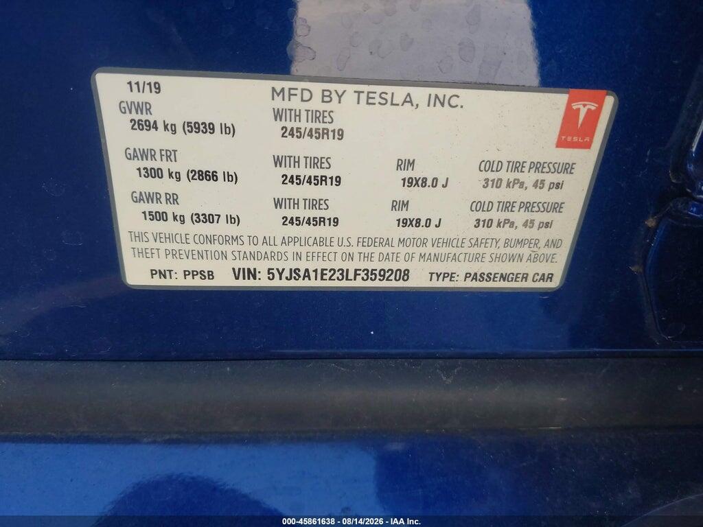 5YJSA1E23LF359208 2020 TESLA MODEL S photo no. 9