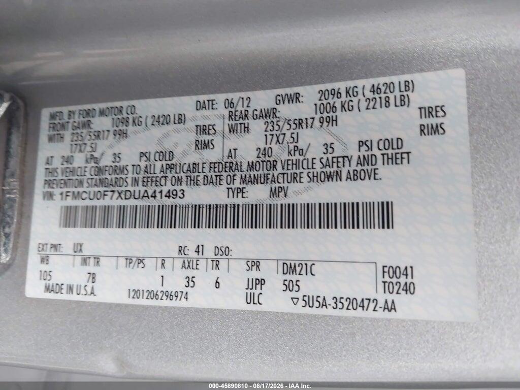 1FMCU0F7XDUA41493 2013 FORD ESCAPE photo no. 9