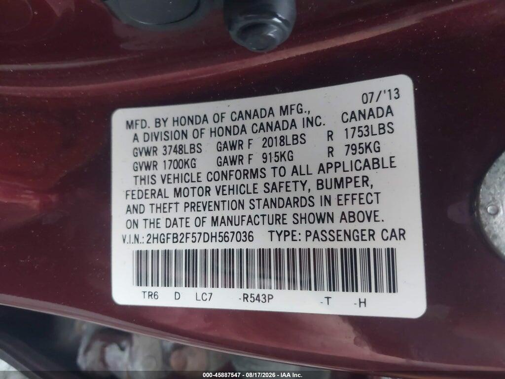2HGFB2F57DH567036 2013 HONDA CIVIC photo no. 9