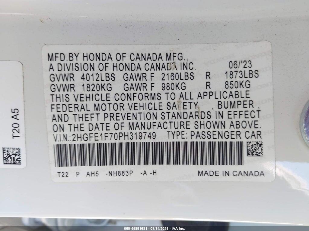 2HGFE1F70PH319749 2023 HONDA CIVIC photo no. 9
