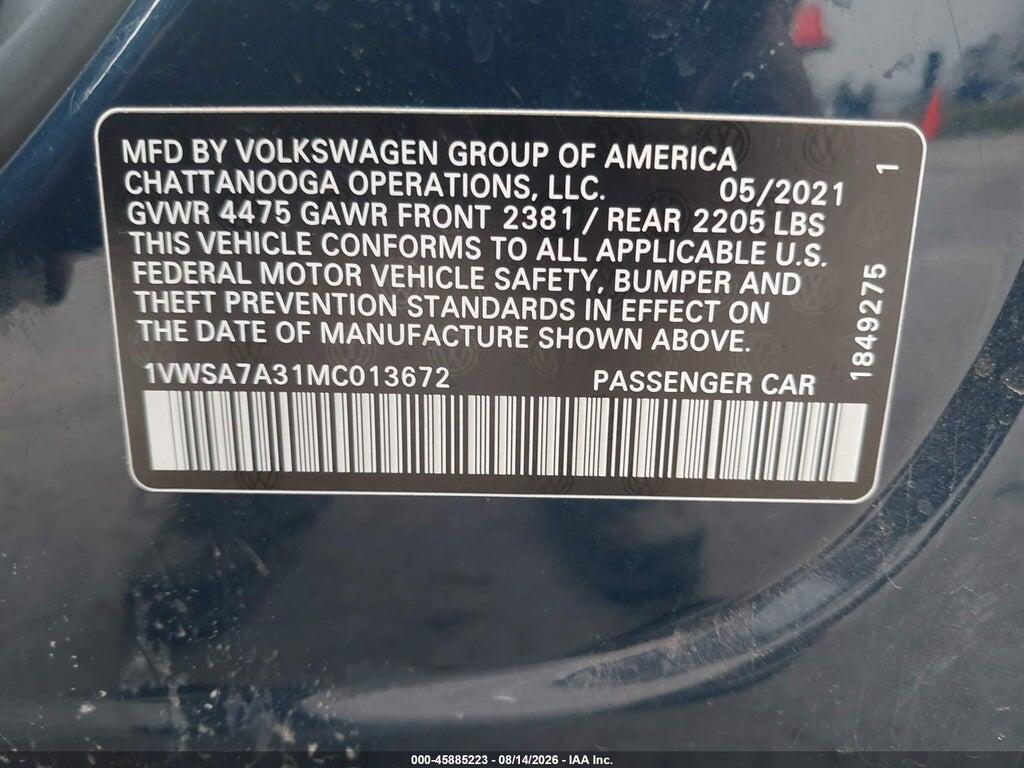 1VWSA7A31MC013672 2021 VOLKSWAGEN PASSAT photo no. 9