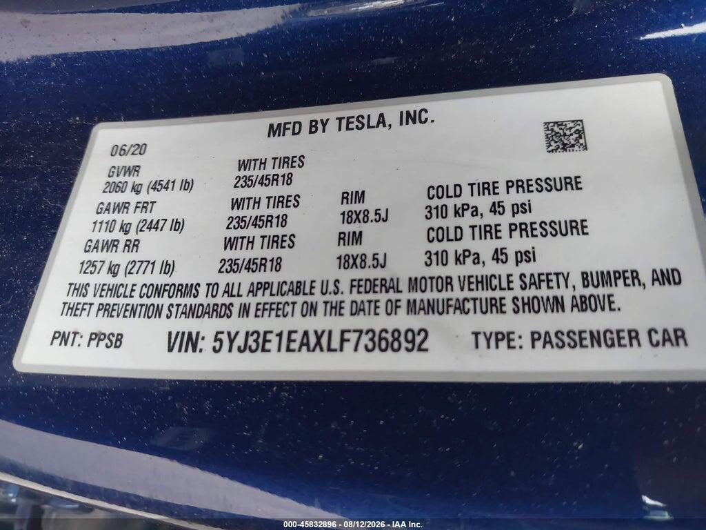 5YJ3E1EAXLF736892 2020 TESLA MODEL 3 photo no. 9
