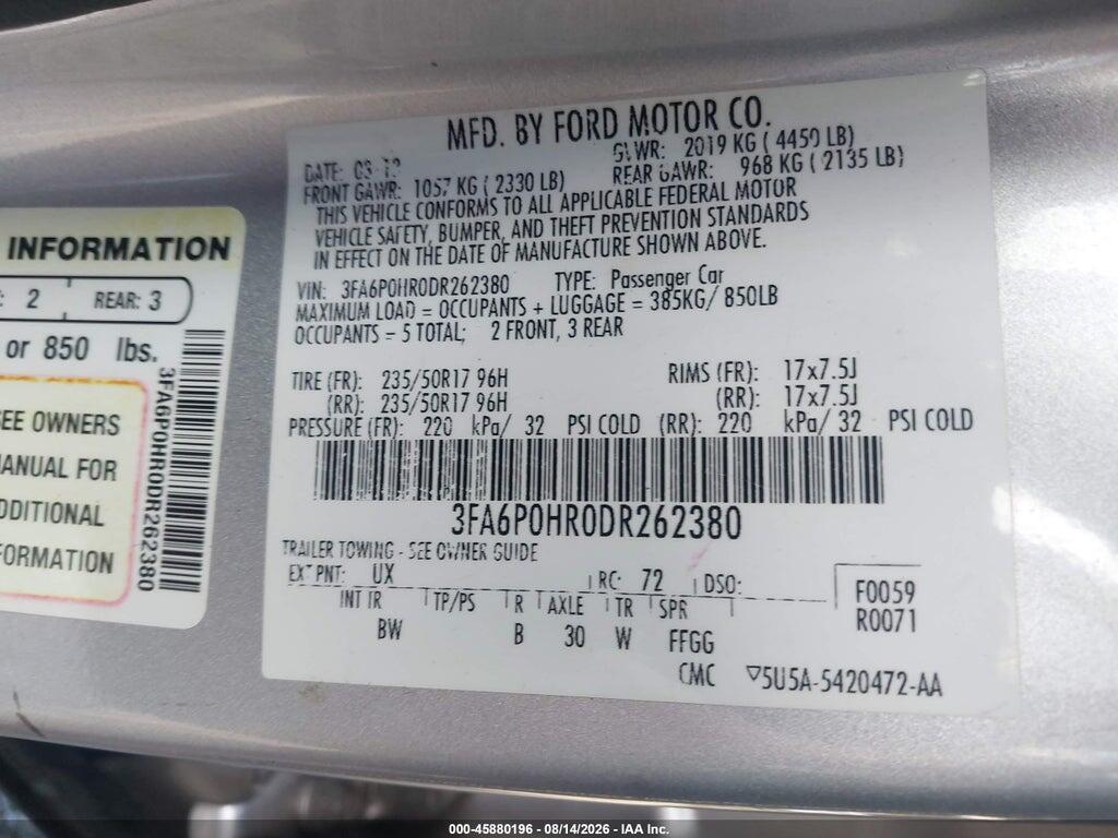 3FA6P0HR0DR262380 2013 FORD FUSION photo no. 9