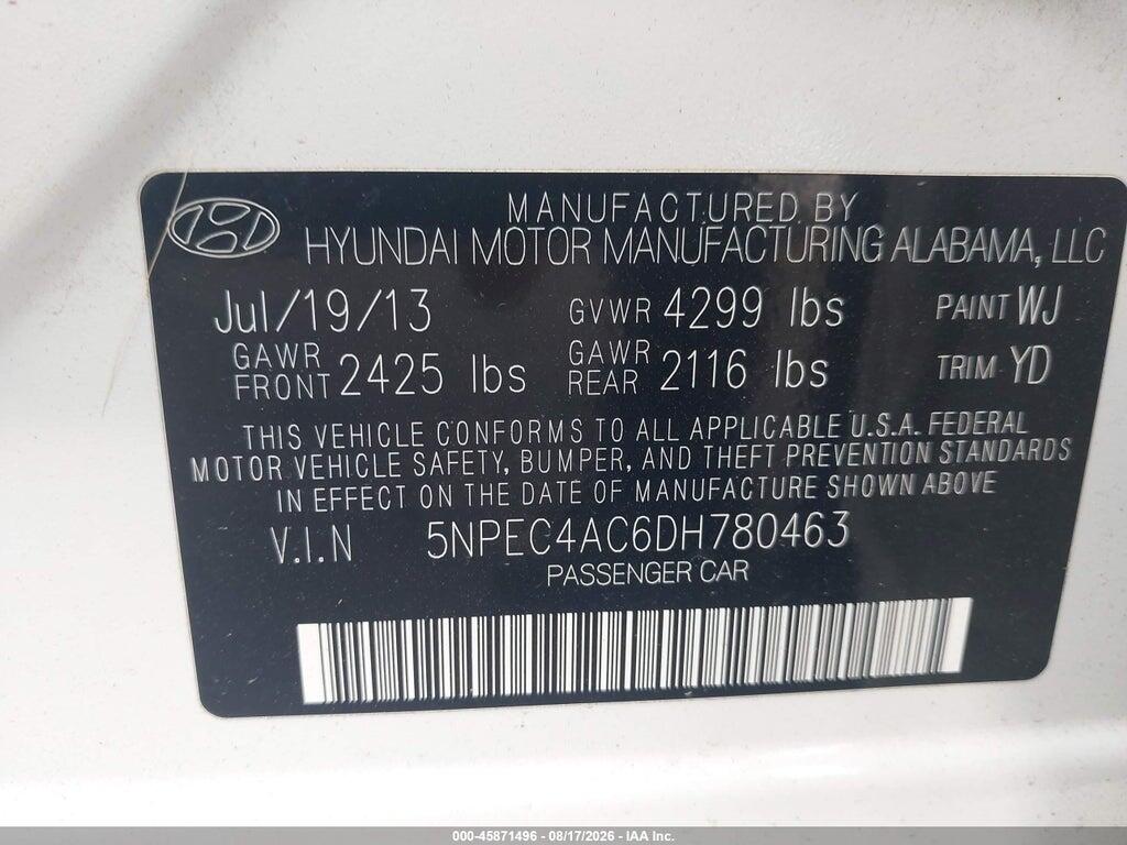 5NPEC4AC6DH780463 2013 HYUNDAI SONATA photo no. 9