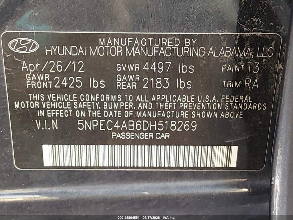 5NPEC4AB6DH518269 2013 HYUNDAI SONATA photo no. 9