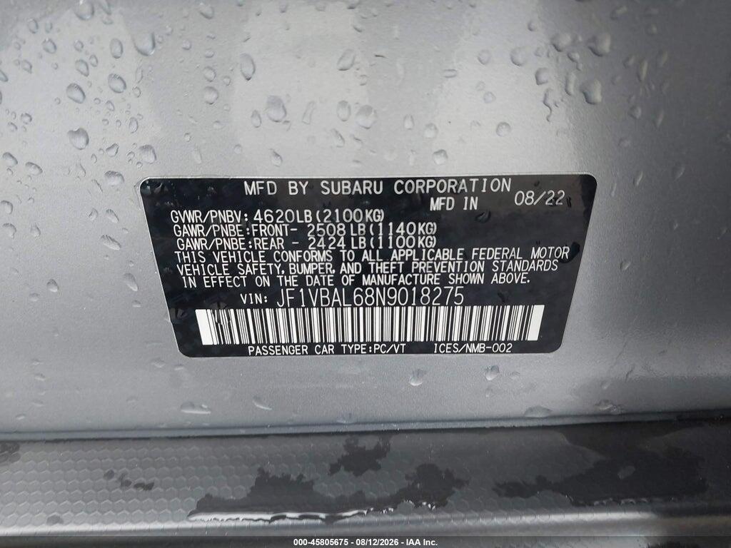 JF1VBAL68N9018275 2022 SUBARU WRX photo no. 9
