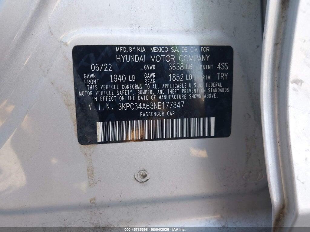 3KPC34A63NE177347 2022 HYUNDAI ACCENT photo no. 9