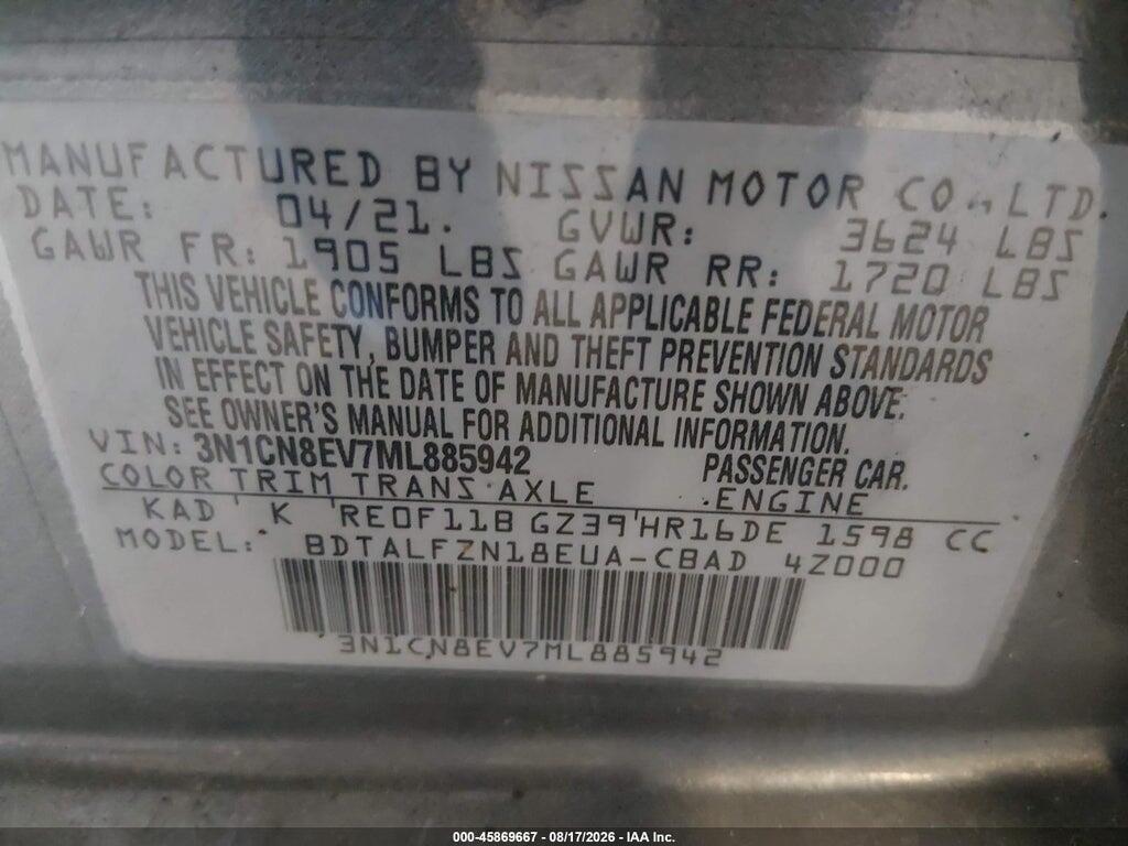 3N1CN8EV7ML885942 2021 NISSAN VERSA photo no. 9