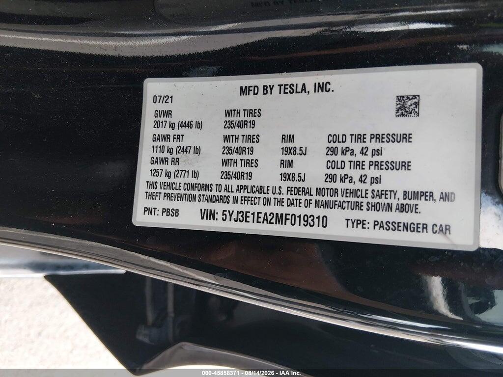 5YJ3E1EA2MF019310 2021 TESLA MODEL 3 photo no. 9
