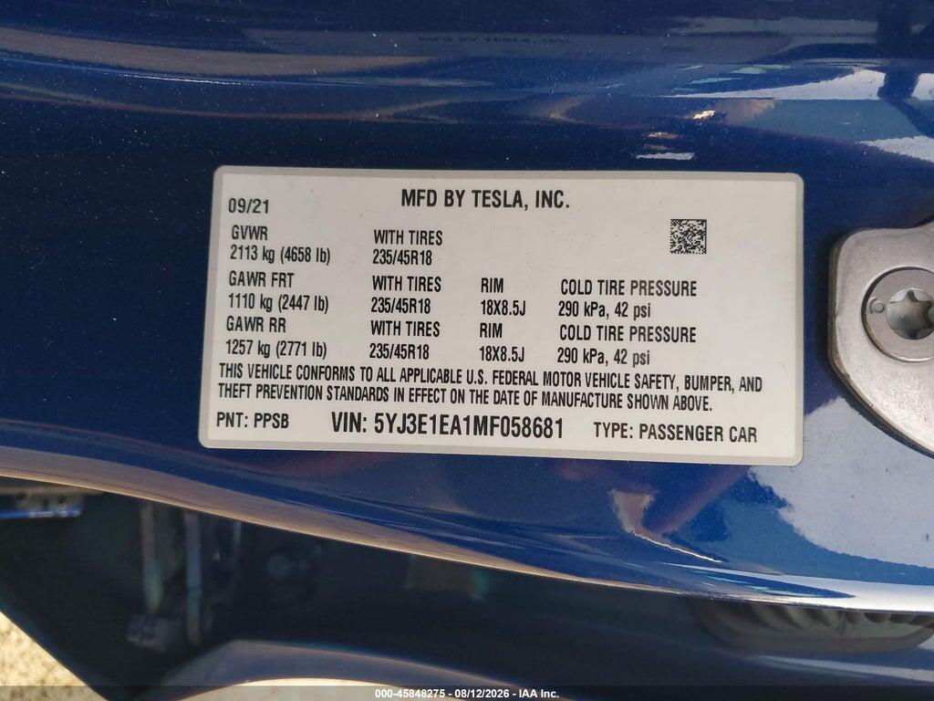 5YJ3E1EA1MF058681 2021 TESLA MODEL 3 photo no. 9
