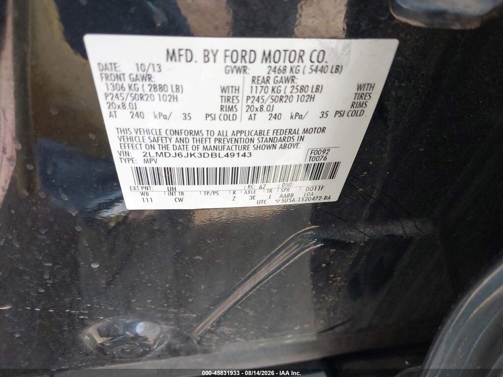 2LMDJ6JK3DBL49143 2013 LINCOLN MKX photo no. 9