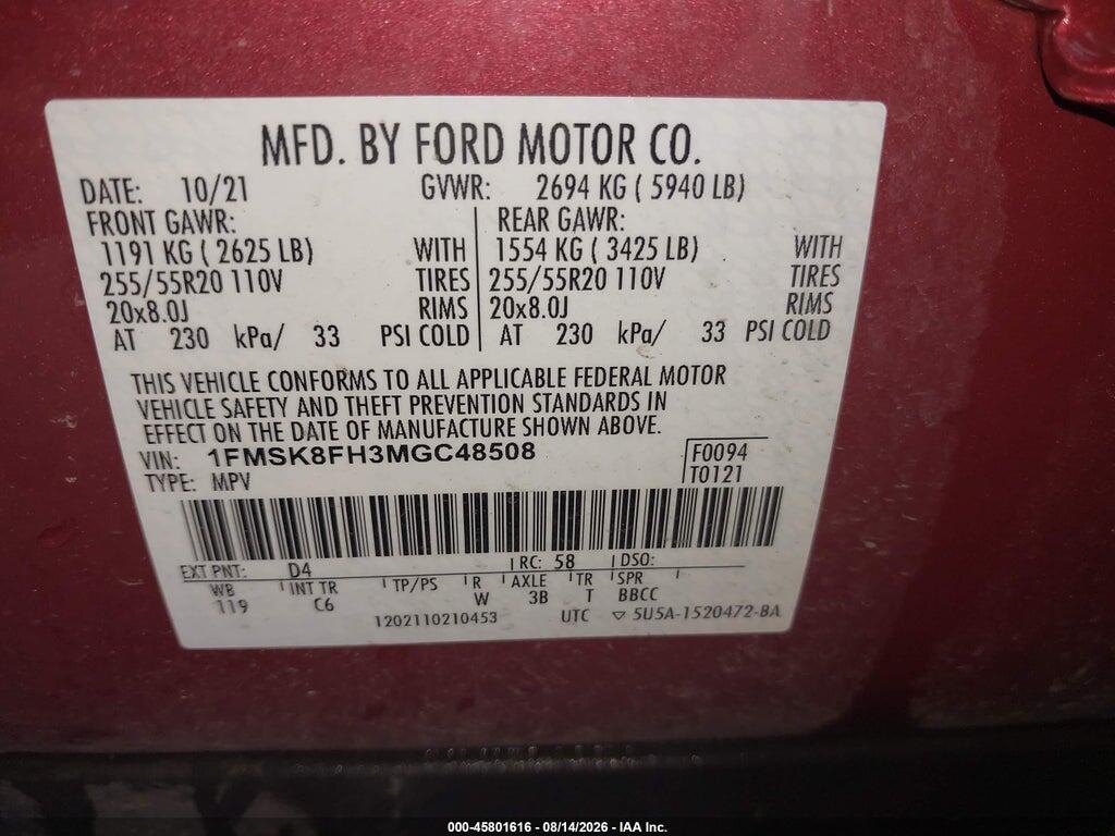 1FMSK8FH3MGC48508 2021 FORD EXPLORER photo no. 9