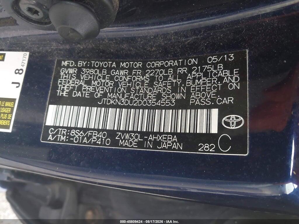 JTDKN3DU2D0354553 2013 TOYOTA PRIUS photo no. 9