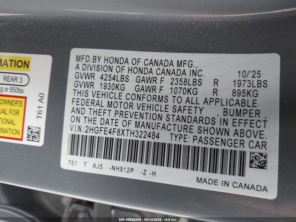 2HGFE4F8XTH322484 2026 HONDA CIVIC HYBRID photo no. 9