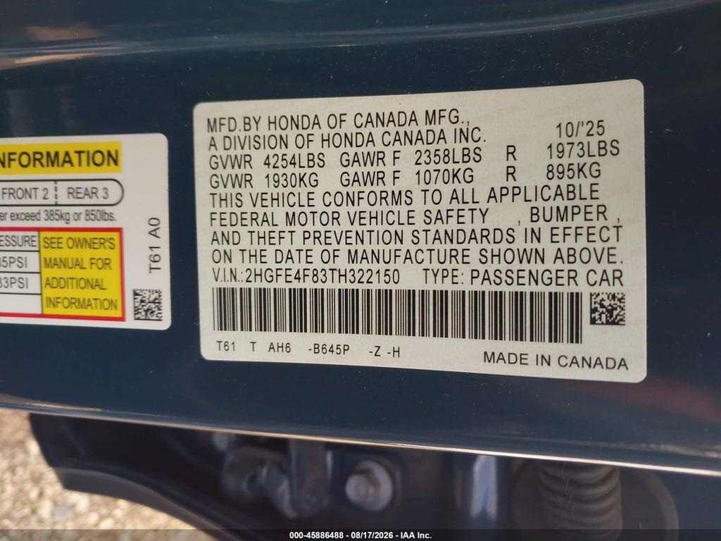 2HGFE4F83TH322150 2026 HONDA CIVIC HYBRID photo no. 9