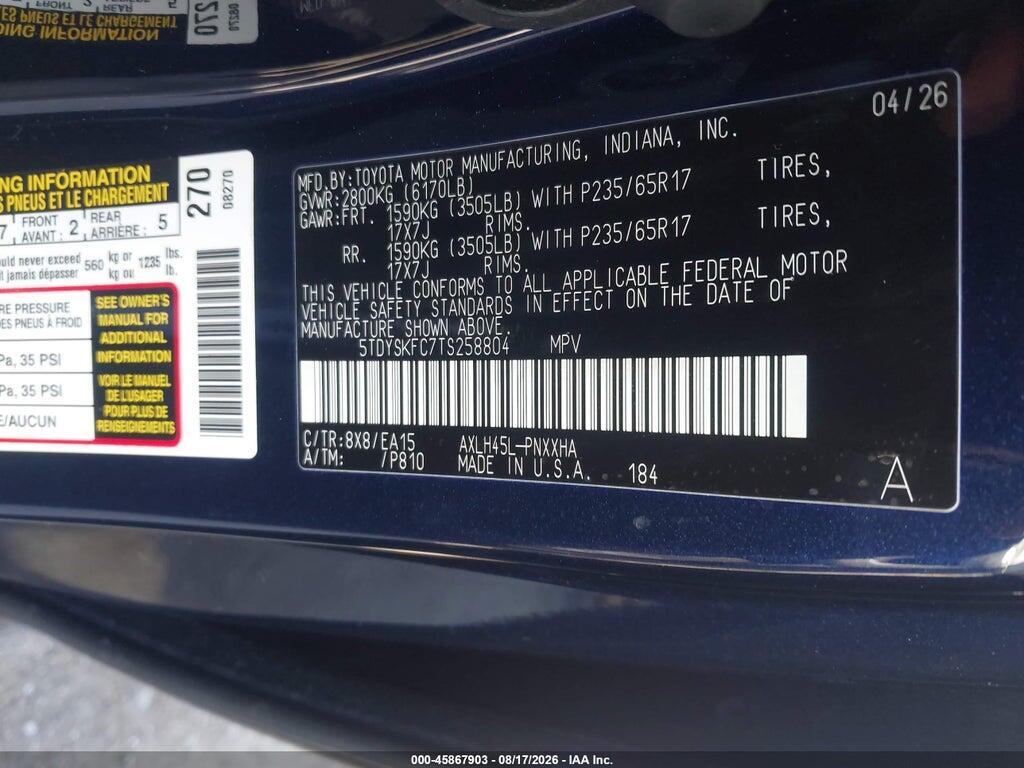 5TDYSKFC7TS258804 2026 TOYOTA SIENNA photo no. 9