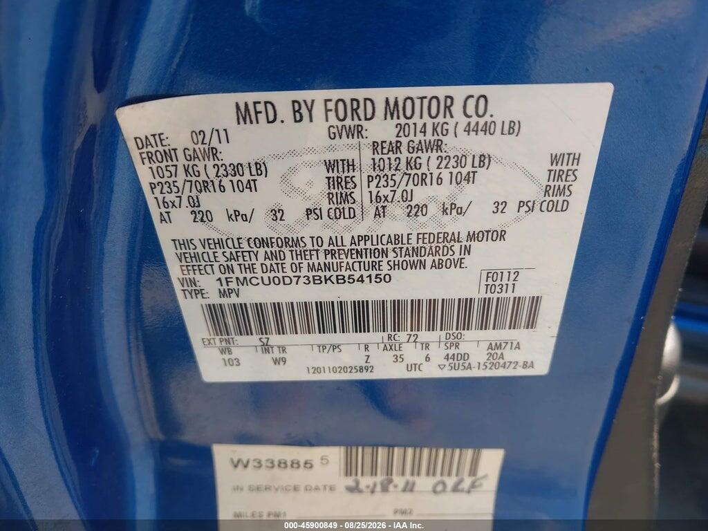 1FMCU0D73BKB54150 2011 FORD ESCAPE photo no. 9